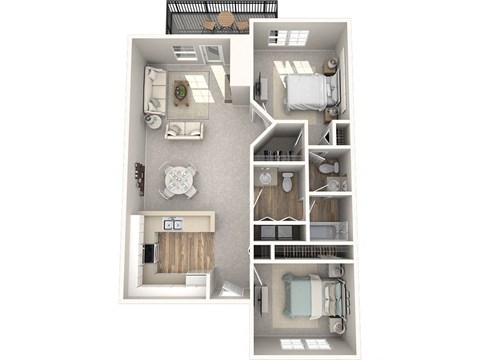 Floor plan for 2 beds, 1 bath, 957 sqft